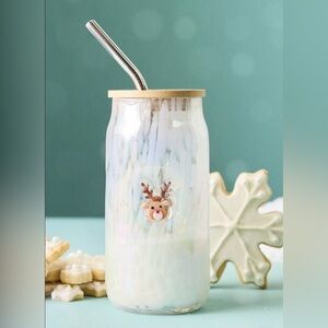 Anthropologie NWT Festive Confetti Reindeer Icon Juice Glass Tumbler with Lid
